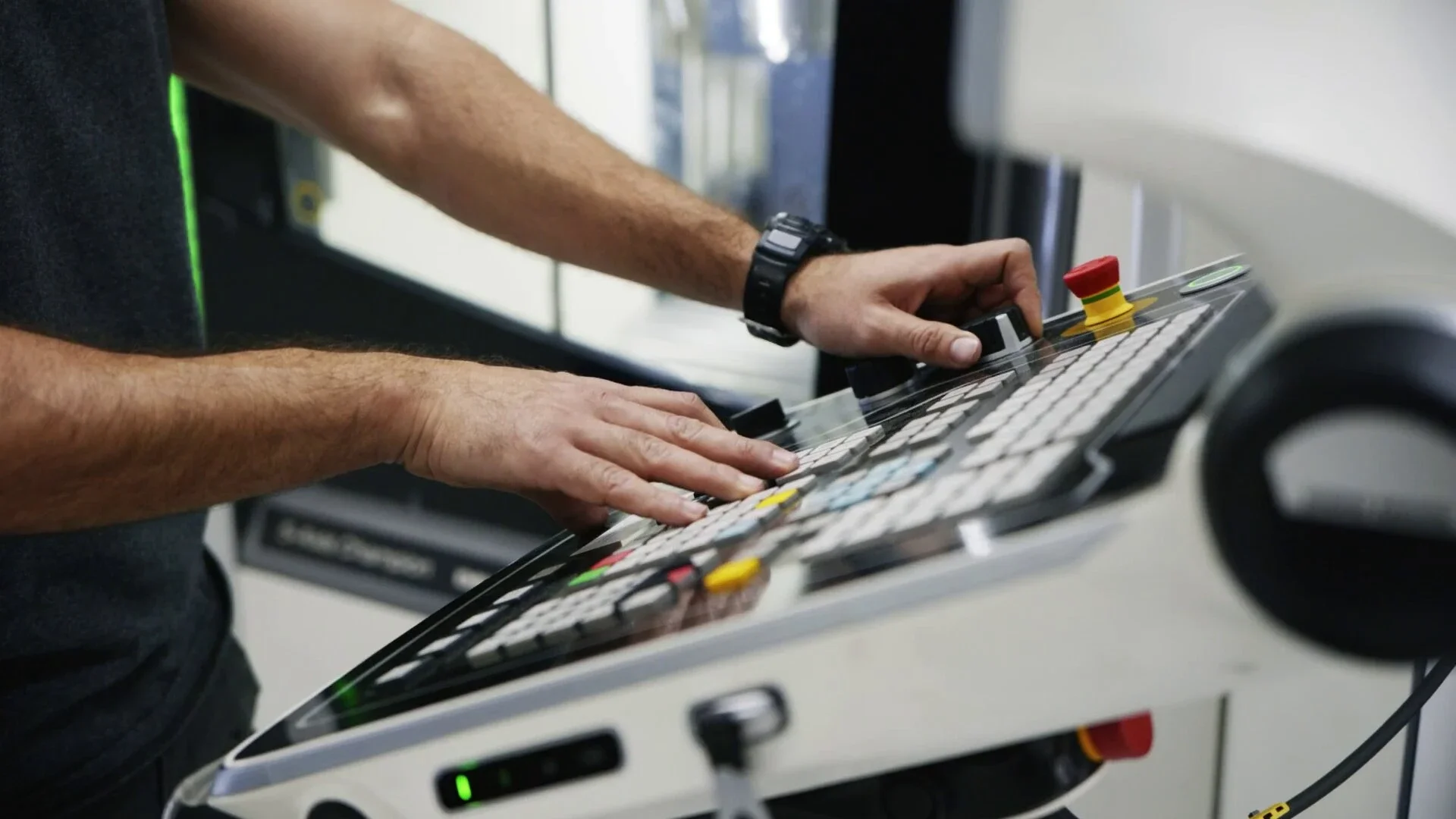Operario programando panel de control CNC